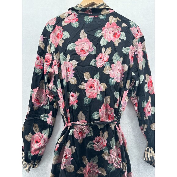 R13 Silk Smoking Robe With Piping Black Floral Leopard Print Size M Tie Belt - Picture 10 of 16